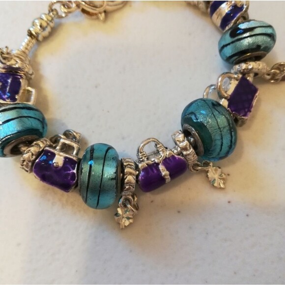 (4) 925 Murano Glass Beads Enameled Bag Charm Silver Tone Slider Bracelet - Picture 5 of 8